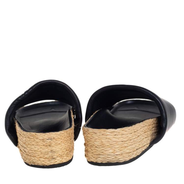 Pre Owned Celine Black Leather Flat Espadrille Slides Size 39