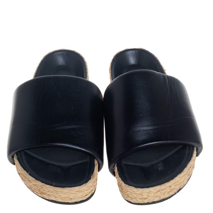 Pre Owned Celine Black Leather Flat Espadrille Slides Size 39