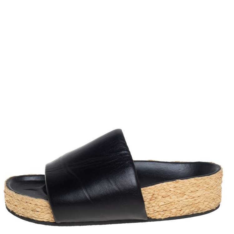 Pre Owned Celine Black Leather Flat Espadrille Slides Size 39