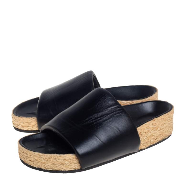 Pre Owned Celine Black Leather Flat Espadrille Slides Size 39