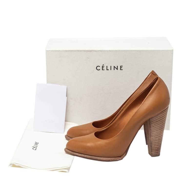 Pre Owned Celine Brown Leather Block Heel Pumps Size 37.5
