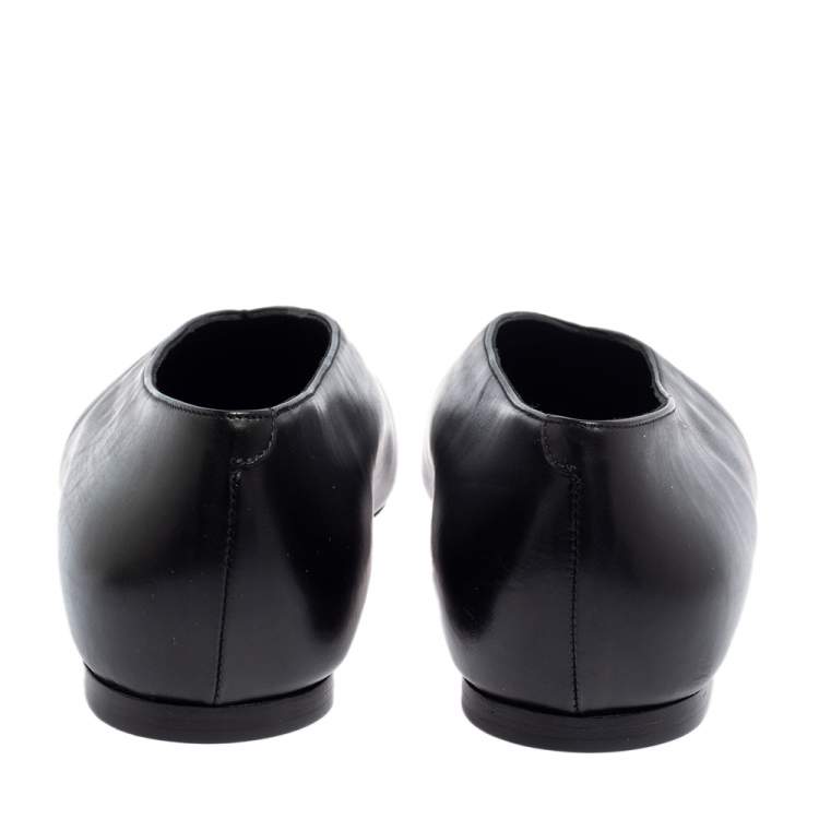 Pre Owned Celine Black Leather V-Neck Ballet Flats Size 37.5