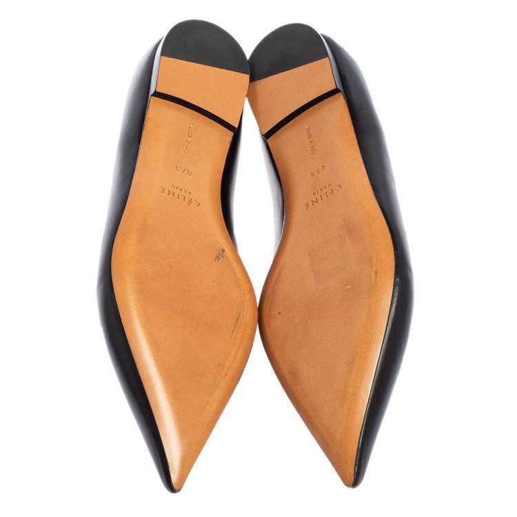 Pre Owned Celine Black Leather V-Neck Ballet Flats Size 37.5
