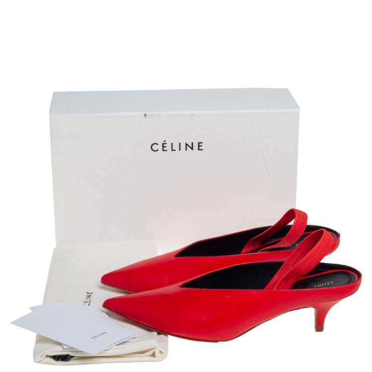 Pre Owned Celine Red Leather V Neck Slingback Sandals Size 38.5