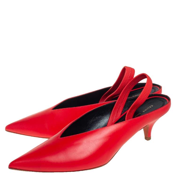 Pre Owned Celine Red Leather V Neck Slingback Sandals Size 38.5