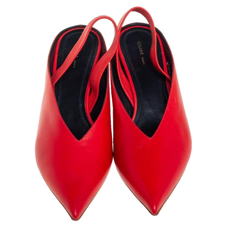 Pre Owned Celine Red Leather V Neck Slingback Sandals Size 38.5