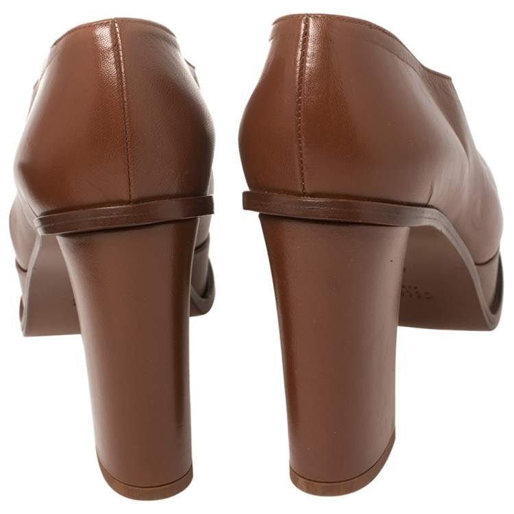 Pre Owned Celine Tan Leather Square Toe Platform Booties Size 37