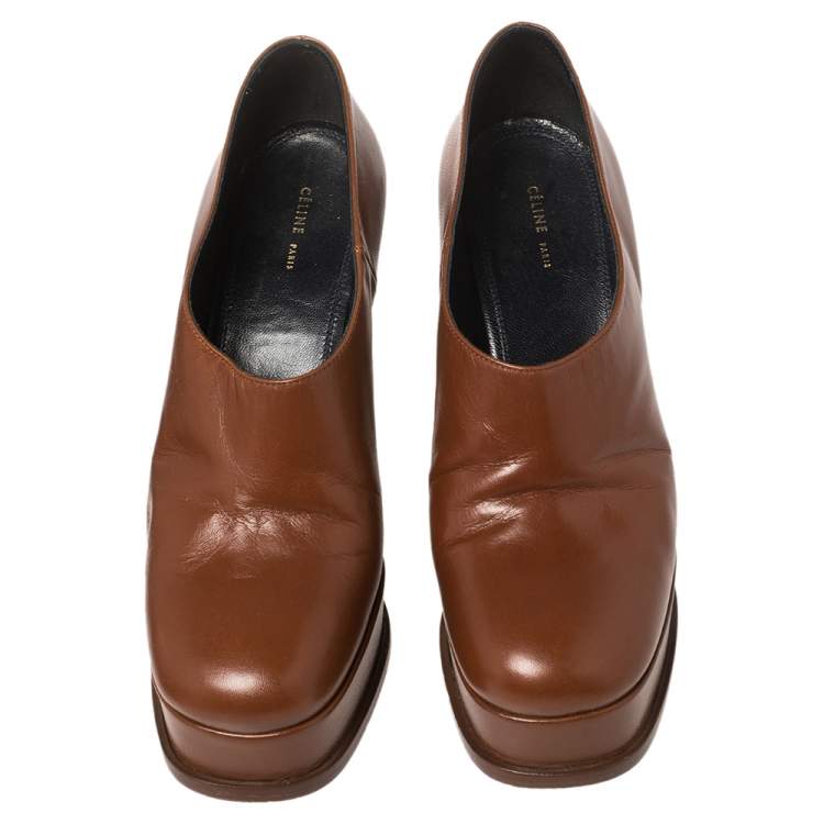 Pre Owned Celine Tan Leather Square Toe Platform Booties Size 37