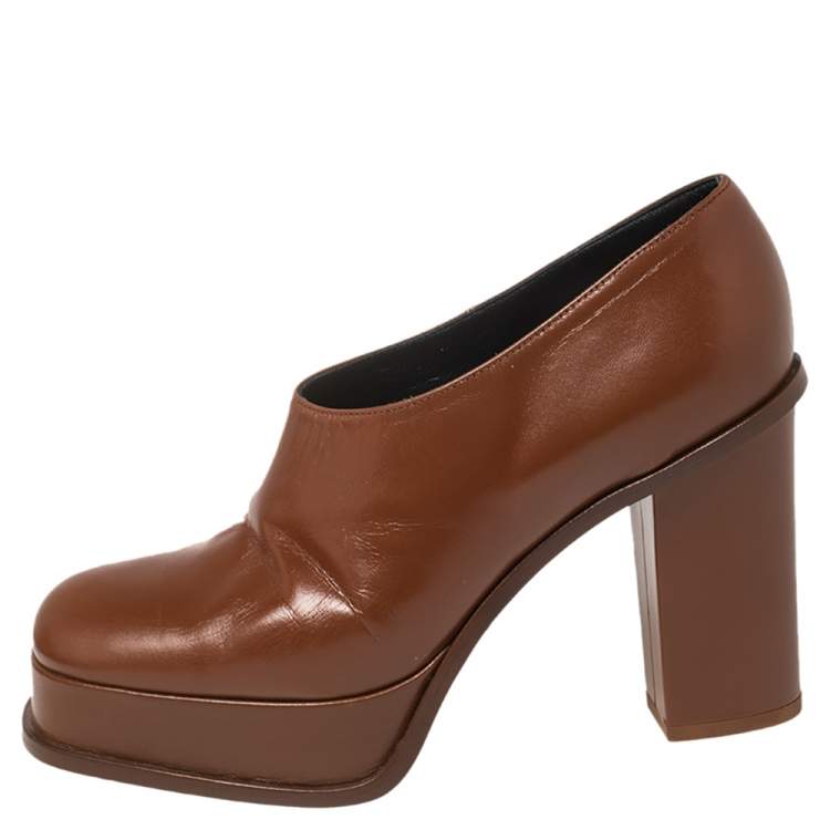 Pre Owned Celine Tan Leather Square Toe Platform Booties Size 37