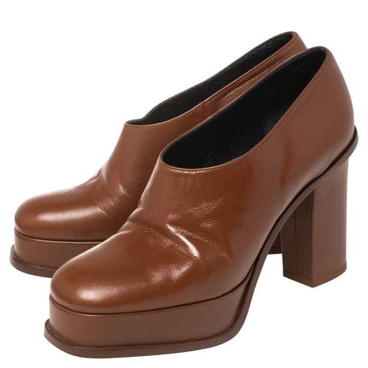 Pre Owned Celine Tan Leather Square Toe Platform Booties Size 37