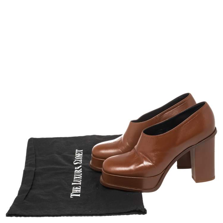 Pre Owned Celine Tan Leather Square Toe Platform Booties Size 37