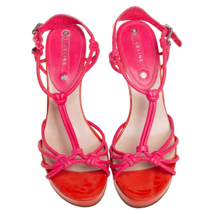 Pre Owned Celine Orange/Pink Leather Wedge Sandals Size 39