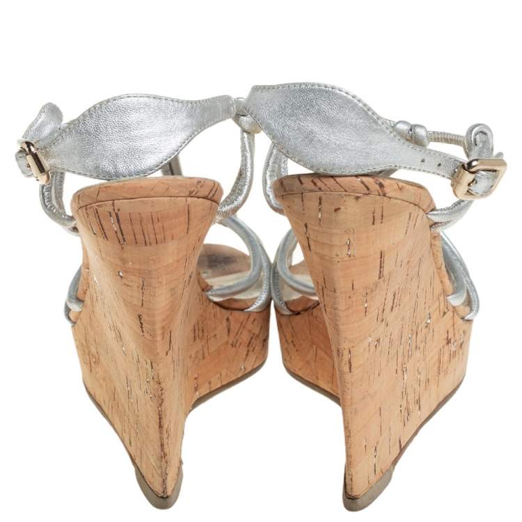 Pre Owned Céline Silver Leather T-Strap Wedge Platform Ankle Strap Sandals Size 39