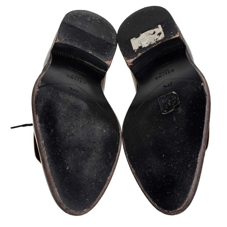 Pre Owned Celine Black Leather Gold Metal Plate Lace Up Derby Size 37.5