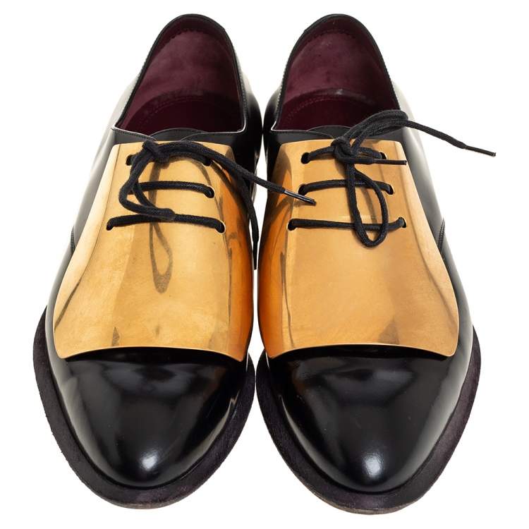 Pre Owned Celine Black Leather Gold Metal Plate Lace Up Derby Size 37.5