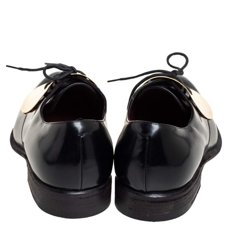 Pre Owned Celine Black Leather Gold Metal Plate Lace Up Derby Size 37.5