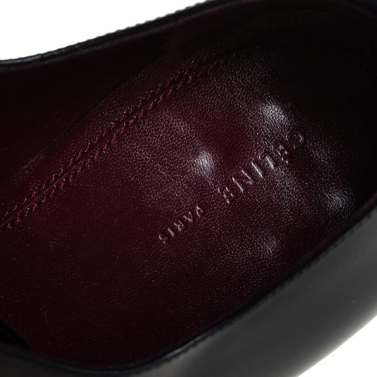 Pre Owned Celine Black Leather Gold Metal Plate Lace Up Derby Size 37.5