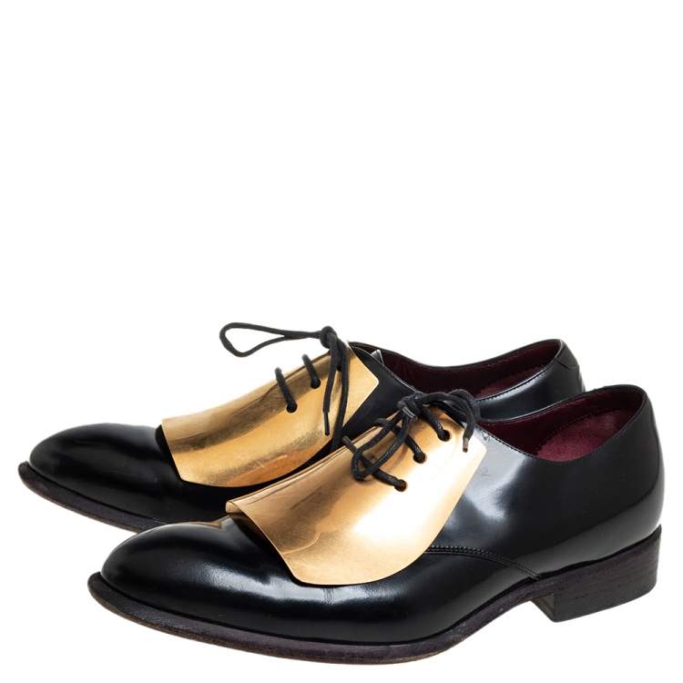 Pre Owned Celine Black Leather Gold Metal Plate Lace Up Derby Size 37.5