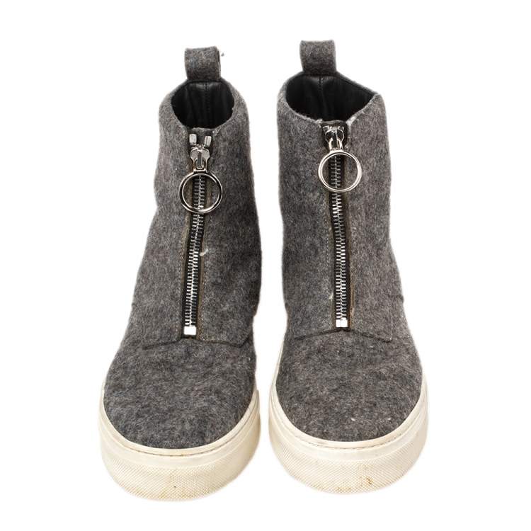 Pre Owned Celine Grey Wool Felt High Top Zip Up Sneaker Size 38