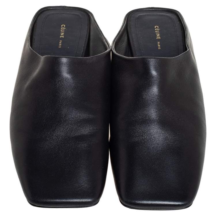 Pre Owned Celine Black Leather Square Toe Mule Sandals Size 38