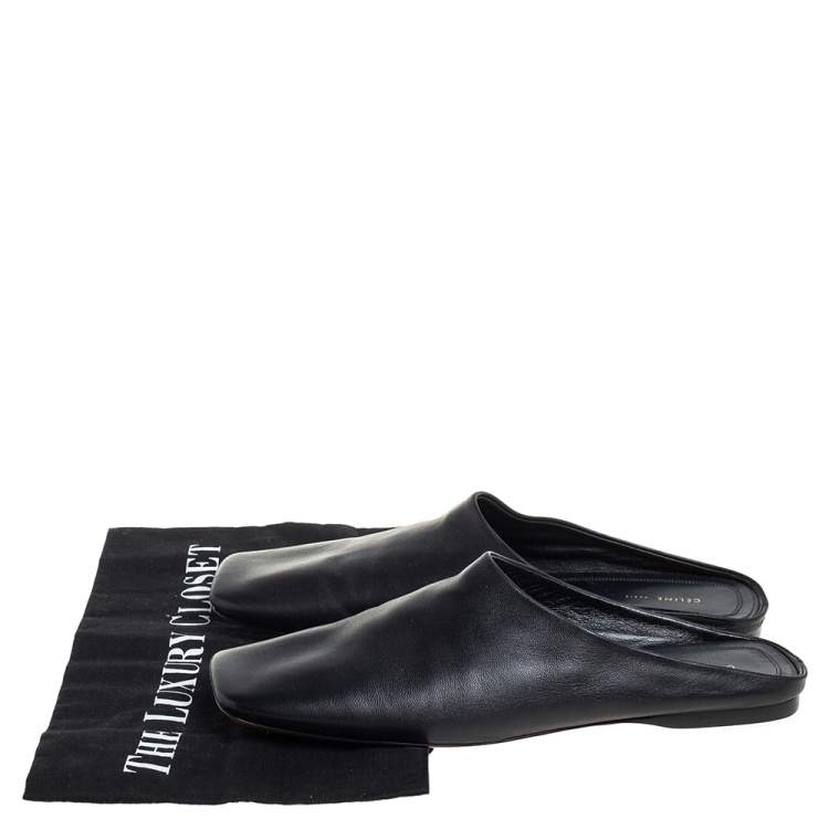 Pre Owned Celine Black Leather Square Toe Mule Sandals Size 38