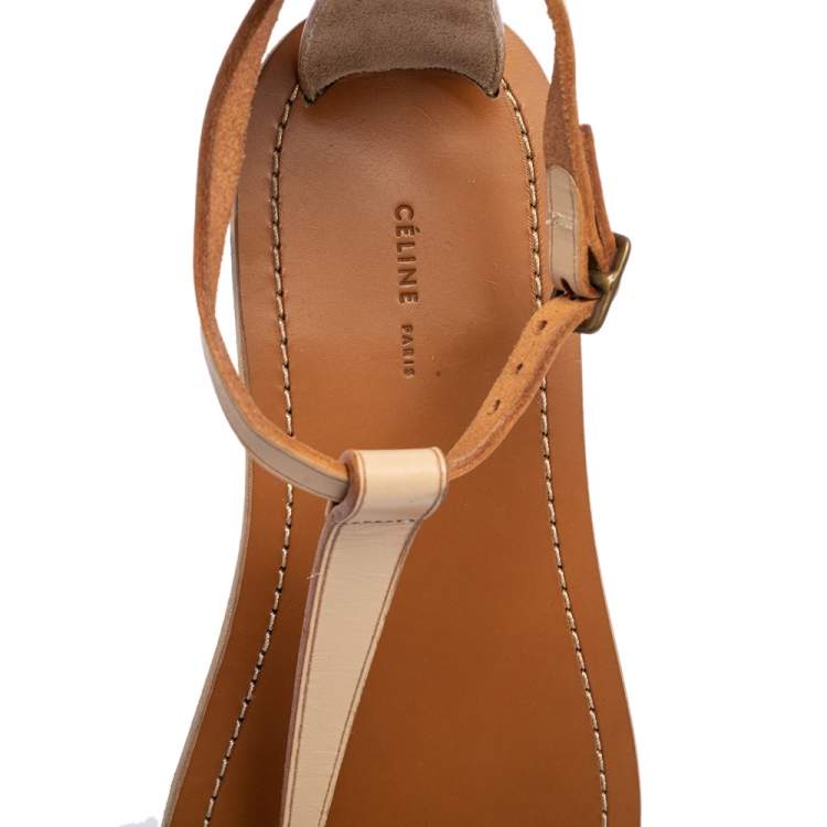 Pre Owned Celine Beige Leather Thong Flat Sandals Size 38
