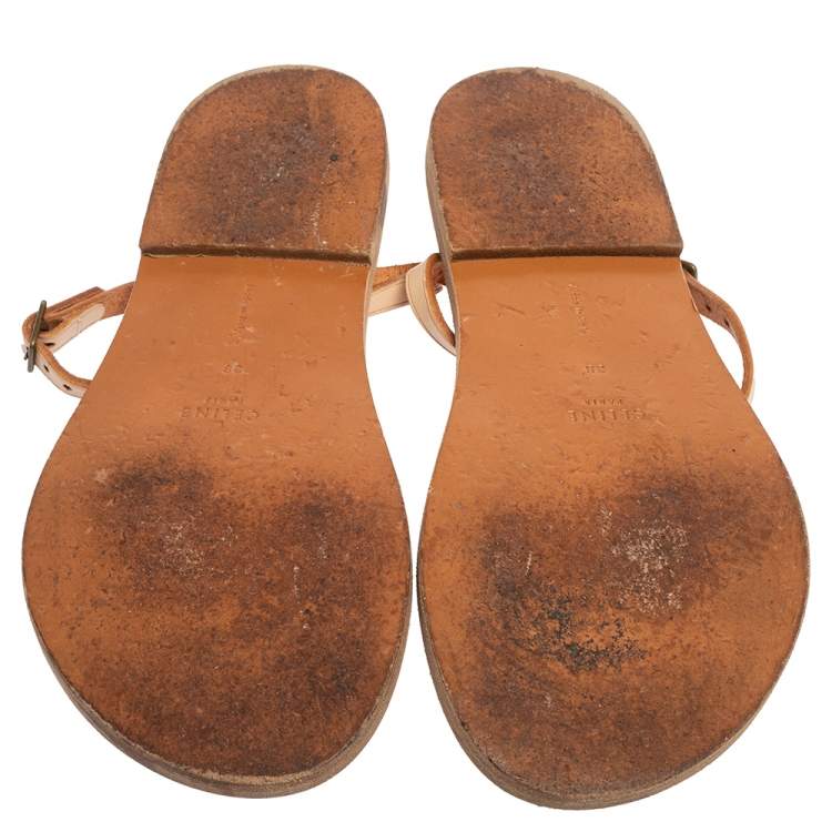 Pre Owned Celine Beige Leather Thong Flat Sandals Size 38