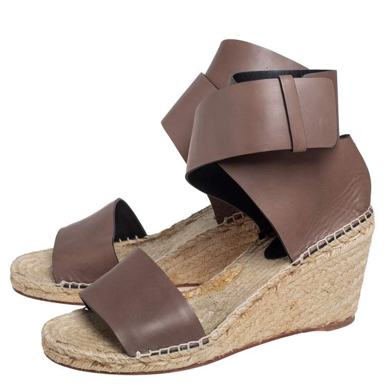 Pre Owned Celine Brown Leather Espadrille Wedge Platform Ankle Cuff Sandals Size 41