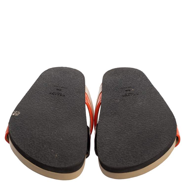 Pre Owned Celine Multicolor Leather Cross Strap Flat Slide Sandals Size 38