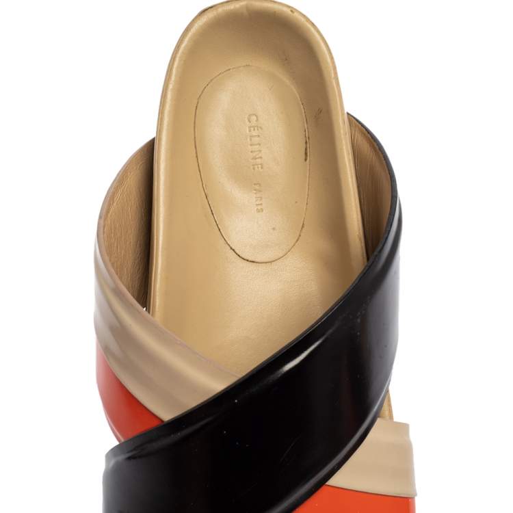 Pre Owned Celine Multicolor Leather Cross Strap Flat Slide Sandals Size 38