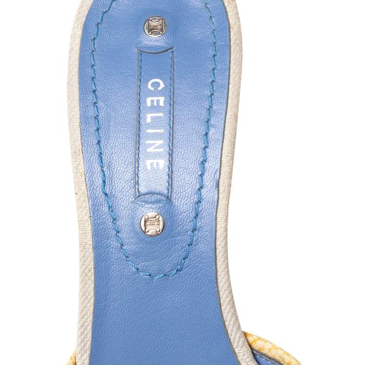 Pre Owned Celine Off White/Yellow Macadam Canvas And Leather Trim Slide Sandals Size 38