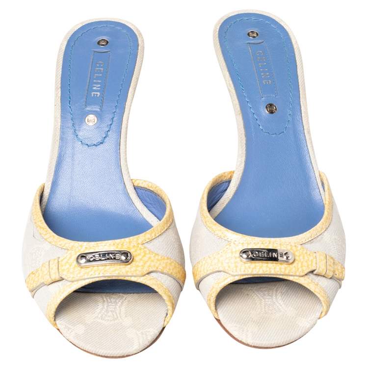 Pre Owned Celine Off White/Yellow Macadam Canvas And Leather Trim Slide Sandals Size 38