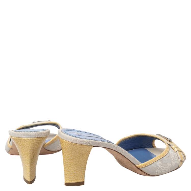Pre Owned Celine Off White/Yellow Macadam Canvas And Leather Trim Slide Sandals Size 38