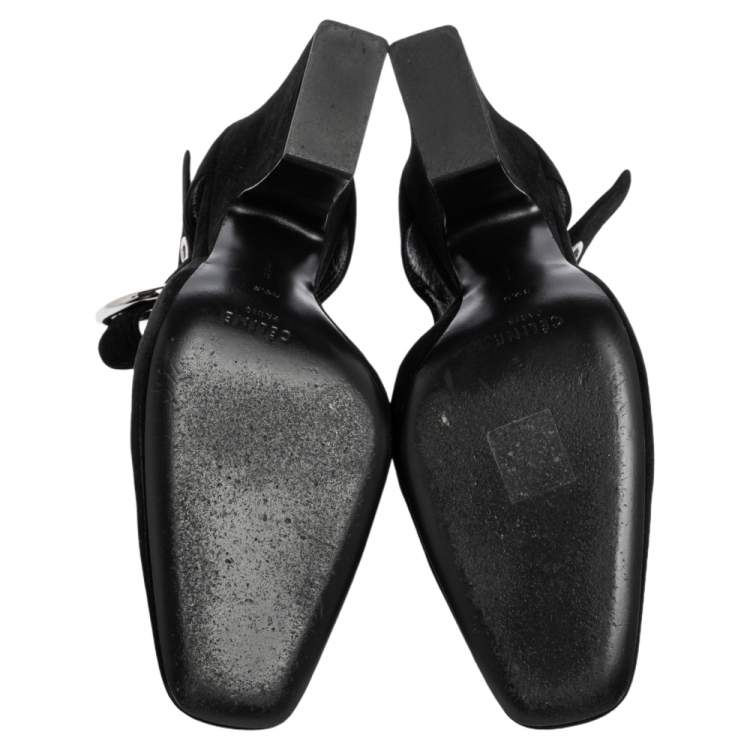 Pre Owned Celine Black Suede Mary Jane Block Heel Pumps Size 39.5