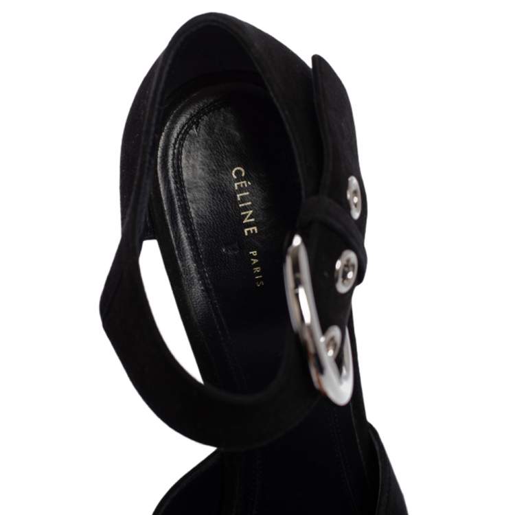 Pre Owned Celine Black Suede Mary Jane Block Heel Pumps Size 39.5