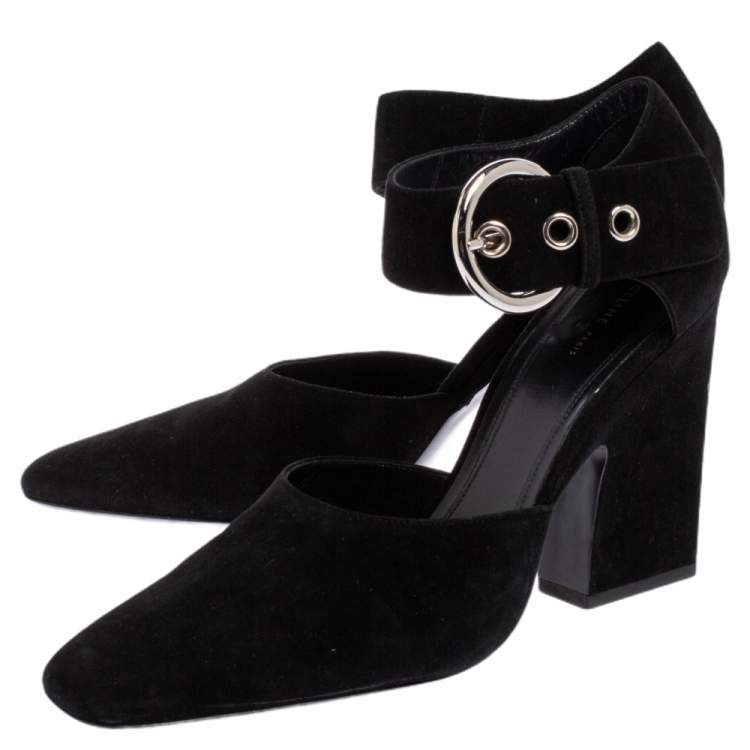 Pre Owned Celine Black Suede Mary Jane Block Heel Pumps Size 39.5