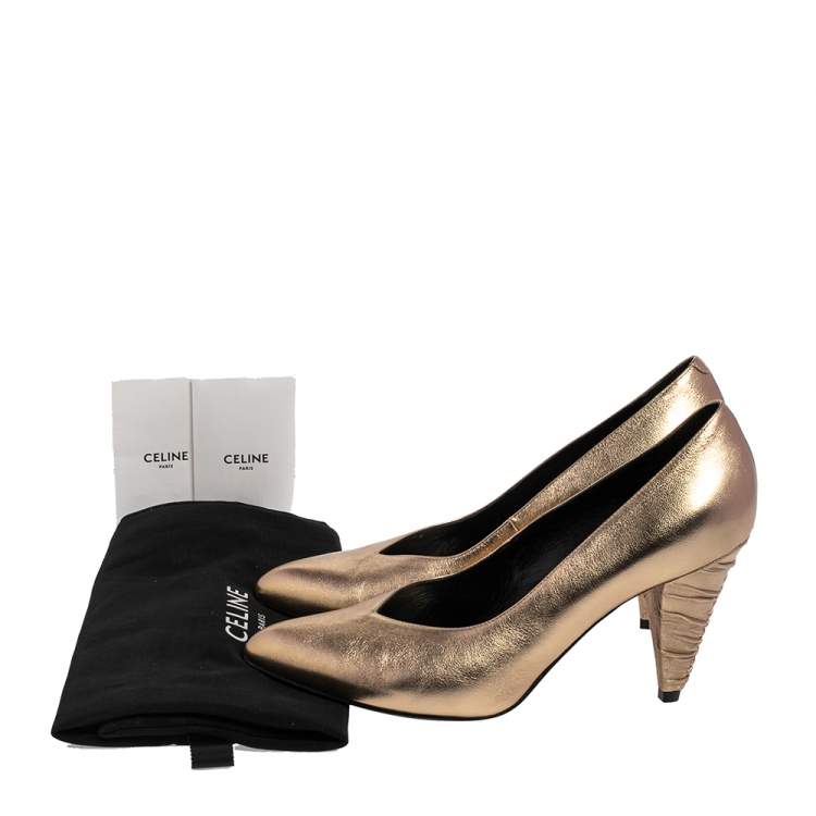 Pre Owned Celine Metallic Gold Leather V Neck Cone Heel Pumps Size 39