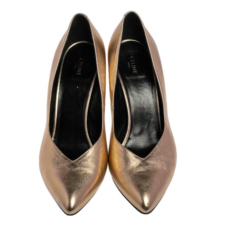 Pre Owned Celine Metallic Gold Leather V Neck Cone Heel Pumps Size 39