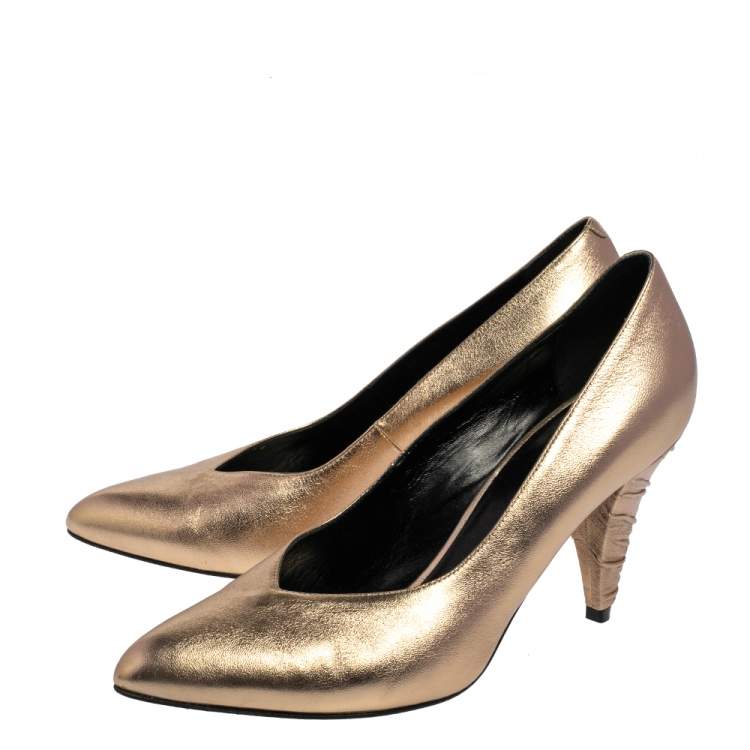 Pre Owned Celine Metallic Gold Leather V Neck Cone Heel Pumps Size 39