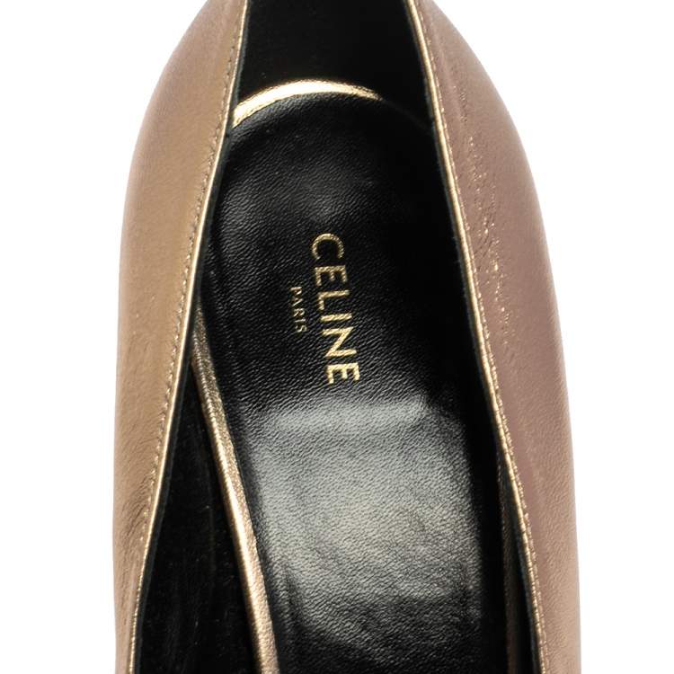 Pre Owned Celine Metallic Gold Leather V Neck Cone Heel Pumps Size 39