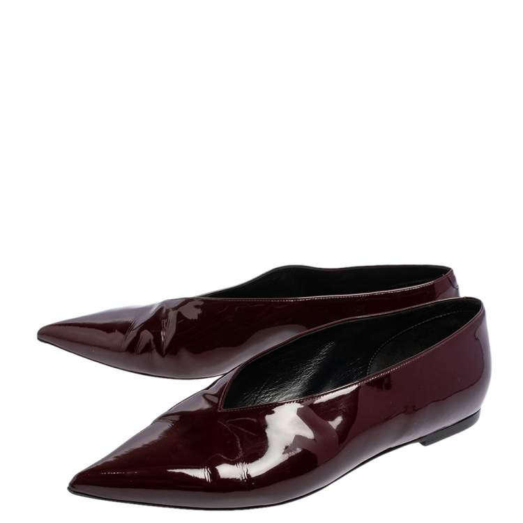 Pre Owned Celine Burgundy Patent Leather V Neck Ballet Flats Size 37
