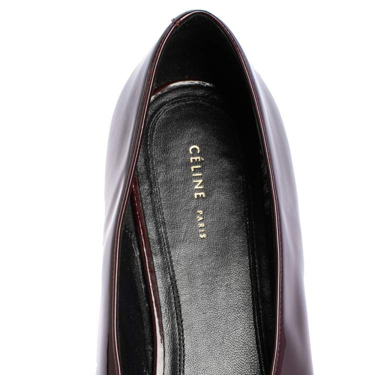 Pre Owned Celine Burgundy Patent Leather V Neck Ballet Flats Size 37
