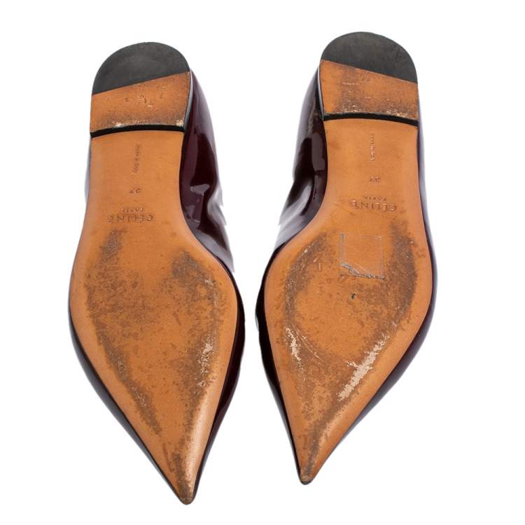 Pre Owned Celine Burgundy Patent Leather V Neck Ballet Flats Size 37