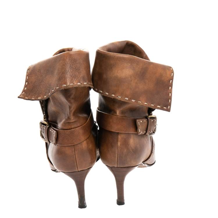 Pre Owned Celine Brown Leather Cross Strap Buckle Pointed Toe Ankle Length Boots Size 36.5