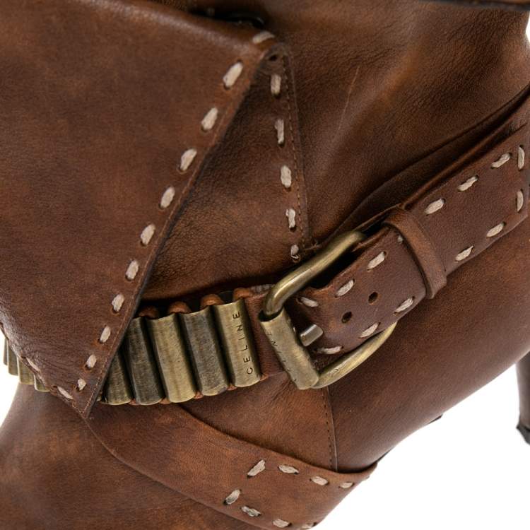 Pre Owned Celine Brown Leather Cross Strap Buckle Pointed Toe Ankle Length Boots Size 36.5