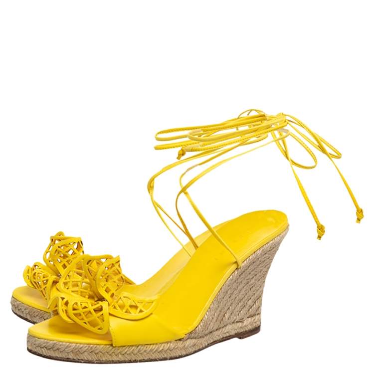 Pre Owned Celine Yellow Leather Cutout Flower Ankle Tie Wedge Espadrille Sandals Size 38