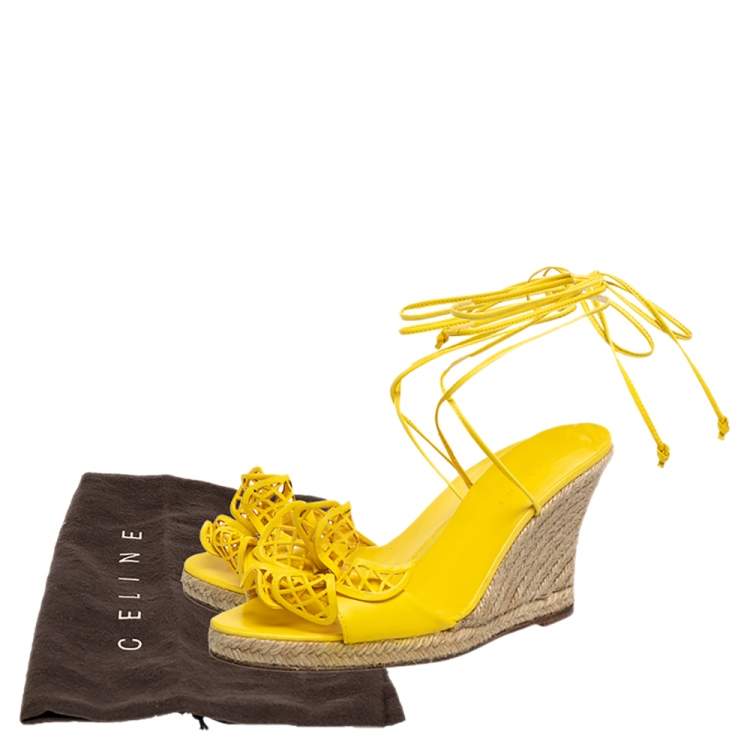 Pre Owned Celine Yellow Leather Cutout Flower Ankle Tie Wedge Espadrille Sandals Size 38