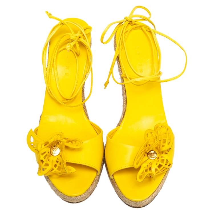 Pre Owned Celine Yellow Leather Cutout Flower Ankle Tie Wedge Espadrille Sandals Size 38