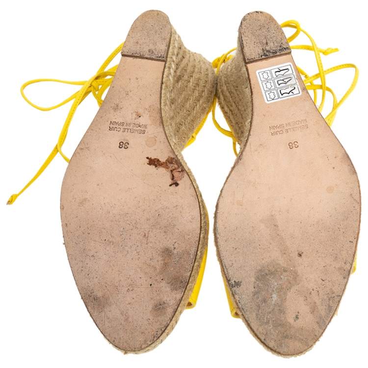 Pre Owned Celine Yellow Leather Cutout Flower Ankle Tie Wedge Espadrille Sandals Size 38
