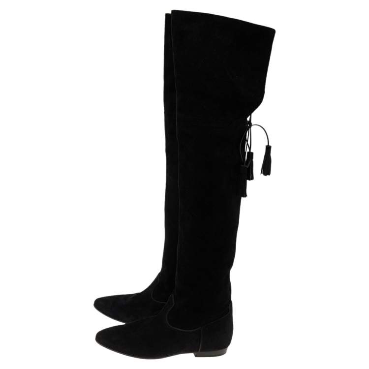 Pre Owned Celine Black Suede Fringe Thigh High Boots Size 39